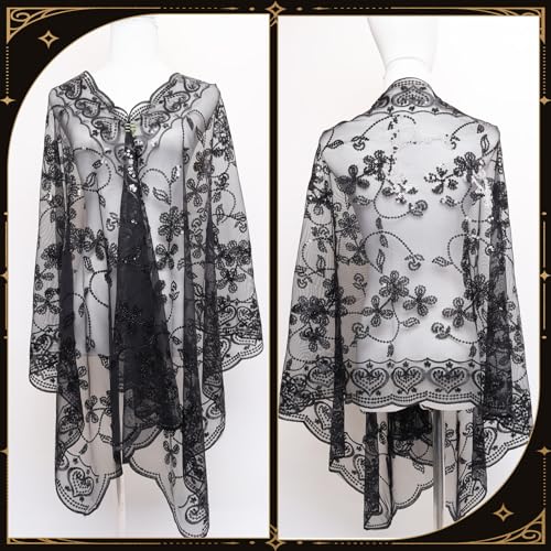1920s Glittering Women's Shawls Sequin Mesh Scarf Cape Sparkly Sheer Fringed Wraps Shawl 20s Gloves for Evening Wedding Party3