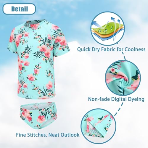 Image of Girls Two Piece Rash Guard Swimsuits Set Short Sleeve Bathing Suit for Kids Hawaiian Swimwear Set 3-16 Years