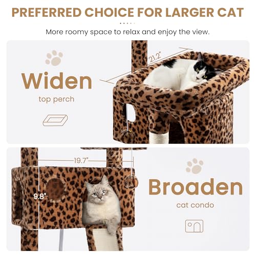 Image of SHA CERLIN 65in Larger Cat Tree Tower Condo for Indoor Kitties /Multi-Level Furniture Activity Center with Wide Base /Cozy Plush Cat Perches /Baskets /Sisal Scratching Posts and Hammock /Leopard Print
