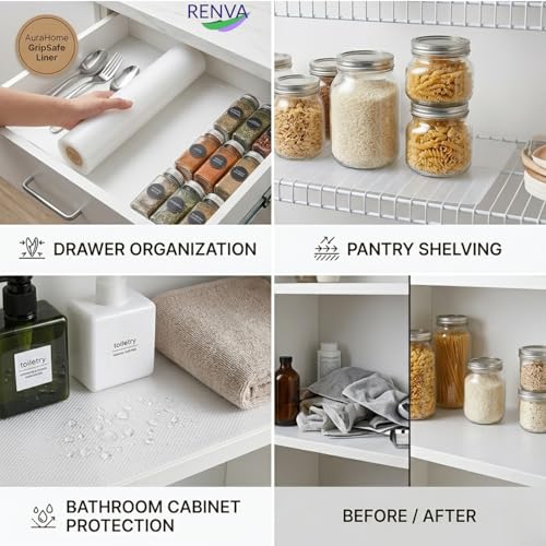 Image of Renva EVA Food Grade Kitchen Drawer mat Anti-Slip Shelf,Washable Liner Sheet for Fridge, Cabinet, Cupboard, Drawers, Wardrobe Place Mats (Transperant, 45 * 500 CM)