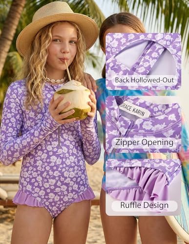Image of GRACE KARIN Girls One Piece Swimsuits Long Sleeve Bathing Suits Swimwear 5-14Y