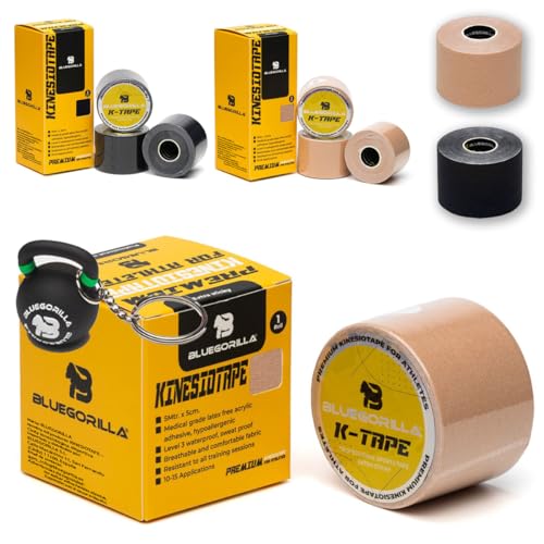 BLUEGORILLA Premium Kinesio tape, cinta kinesiologica deportiva, vendaje neuromuscular, tiras fisioterapia adhesiva, Resistente al agua y al sudor (nivel 3). Sin latex. Llavero Regalo (Piel, 1)