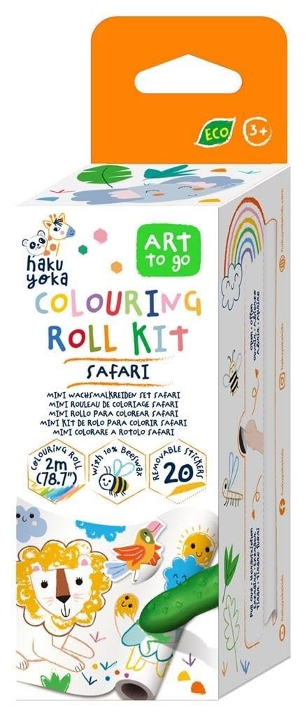 Haku Yoka Wax Crayon Set with Mini Colouring Roll, Safari, Tacky Paper Roll with Colouring Motifs and 4 Shaped Colourful Wax Crayons including 20 Stickers, for Children from 3 Years.