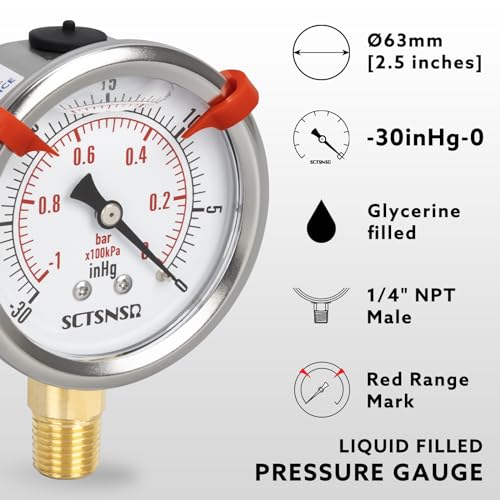 -30 inhg to 0 vacuum pressure gauge glycerin liquid filled 25 inch dial 1434 npt lower mount stainless steel case for air conditioning line tank air pump hvac pipe pressure test