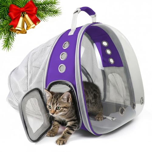 PETSWEET Cat Backpack Carrier, Back Expandable Pet Backpack with Bubble Window, Airline Approved Pet Travel Bag for Small/Medium Cats & Puppies, Hiking, Camping, Outdoor Use (Purple)