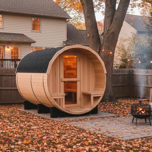 iDOTODO Outdoor Barrel Sauna, 6 Person Wood Steam Saunas Room with Porch, 6kw Toule Electric Heater with Sauna Stone, Canadian Cedar, Roof, 94.48”*70.86“*70.86“ (Cedar)