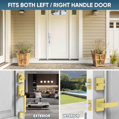 Image of TICONN Front Door Handle Set, Heavy Duty Square Door Lever & Single Cylinder Deadbolt Combo Reversible for Entrance Exterior Doors (Satin Brass)