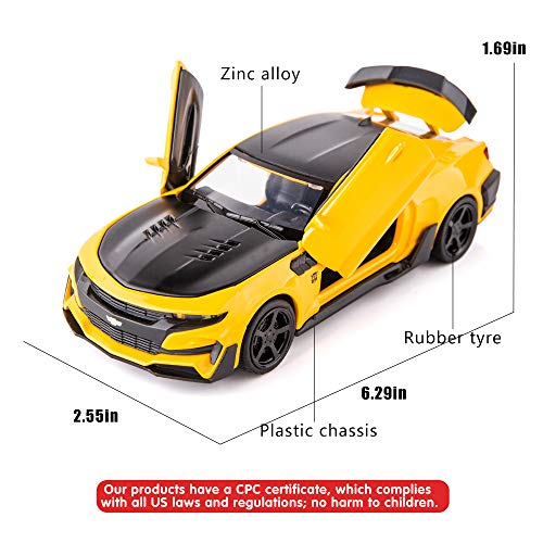 Image of BDTCTK Bumblebee Car Model Toy 1 /32 Zinc Alloy Casting Pull Back Car Sound and Light Toys for Kids Boy Girl Gift (Yellow)