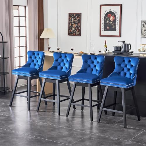 Image of Blue Swivel Bar Stools, Velvet Counter Height Bar Stools Set of 4 | 360 Swivel Bar Chairs, Solid Wood Legs, Upholstered Kitchen Island Stools, Modern Extra Wide Seat (Blue, 26 inch H, 4 Pack)