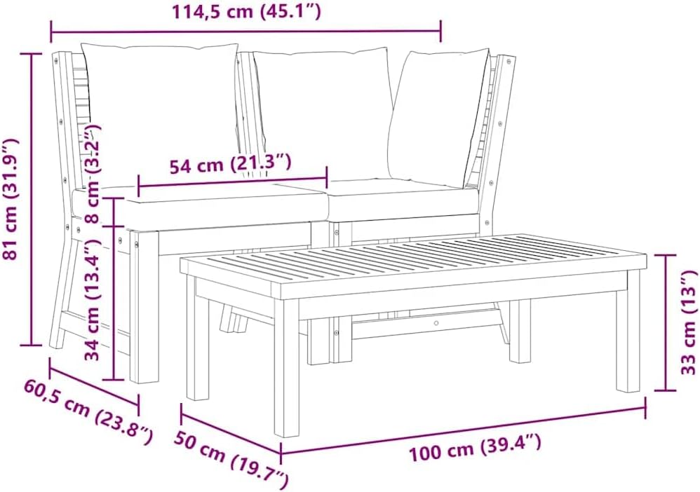 vidaXL 3-Piece Patio Lounge Set - Vintage Design Solid Acacia Wood Construction with Cream Cushion - Adjustable Configuration for Garden and Patio Furniture