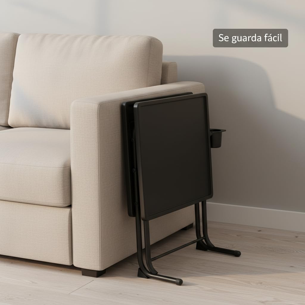 Pincho Mesa Auxiliar Sofa, Mesa Plegable, Folding Table, Mesita para Cama, Mueble Auxiliar Salón con Portavasos con Borde Elevado, Tipo C Altura Regulable Ajustable - Negra para Sofa y Cama — view 7