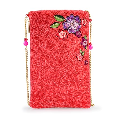Mary Frances Women's Glamour Girl Beaded Lipstick and Floral Crossbody Cell Phone Bag Clutch with Removable Chain Strap Handbag, Pink2