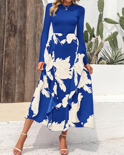 Image of BTFBM Womens Floral Maxi Dress Fall 2025 Casual Crewneck Long Sleeve Ruffle Flowy Cocktail Wedding Guest Dresses