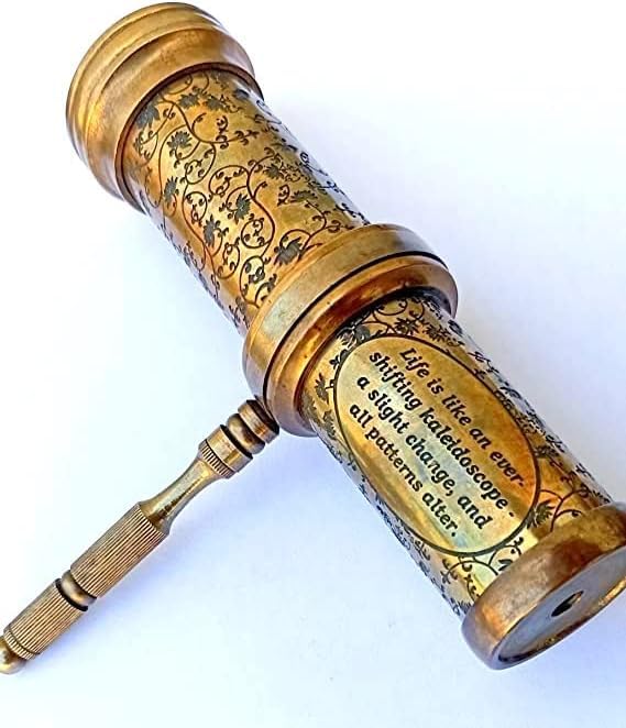 Caleidoscopio in ottone intagliato a mano antico per adulti, effetto vintage, finitura anticata con manico in ottone