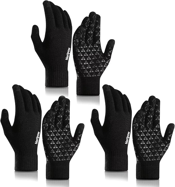 Image of Nertpow Winter Gloves Touchscreen Gloves 3 Packs, Gloves for Men Knit Anti-slip(Black&Black White&Soft Gray White-M)