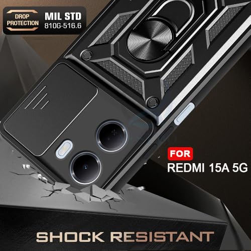Image of AESTMO Tough Armor Redmi 15A 5G Bumper Back Case Cover | Ring Holder & Sliding Camera Shield Cover | 360 Degree Protection Back Case Cover for Redmi 15A 5G (Black)