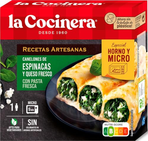 La Cocinera Canelones de Espinacas y Queso con Pasta Fresca, Apto Vegetarianos, 280g