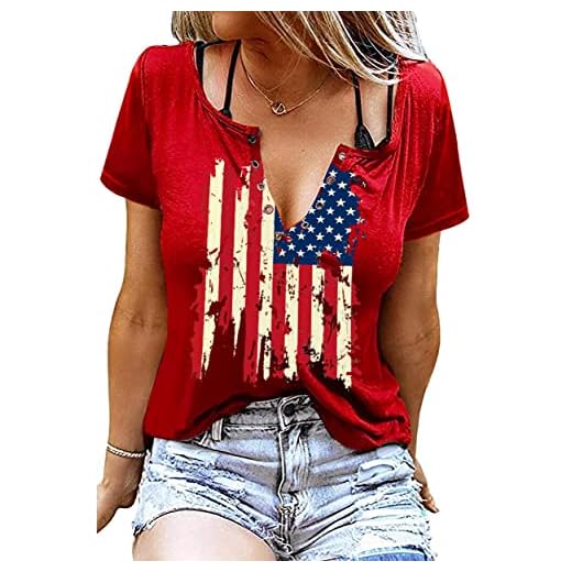 YI XIANG RAN American Flag Shirt Tops Womens 4th of July T-Shirts Ring Hole Short Sleeve Sexy V-Neck Patriotic Tees (Red1, X-Large)