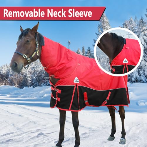 Image of 1680D Waterproof Winter Horse Blanket,Horse Turnout Blanket Belly Wrap,Thickened Horse Sheet with Detachable Neck Cover(400g Fill) (US 78IN (EU 145cm))