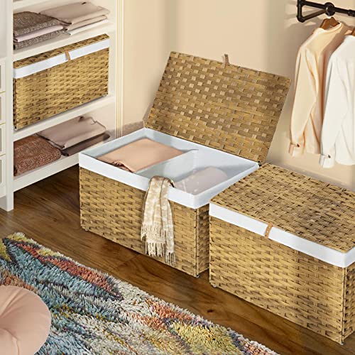Greenstell Storage Basket With Lid, Handwoven Large Shelf Basket With Cotton Liner And Metal Frame, Foldable & Easy To Install, Storage Box Basket With Handle For Bedroom, Laundry Room Natural 105L #TOP2