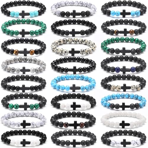 24 Pcs Cross Beads Bracelet for Men Women 8mm Couple Cross Bracelets Black Christian Healing Lava Stone Stretch Turquoise Tiger Eye Stone Natural