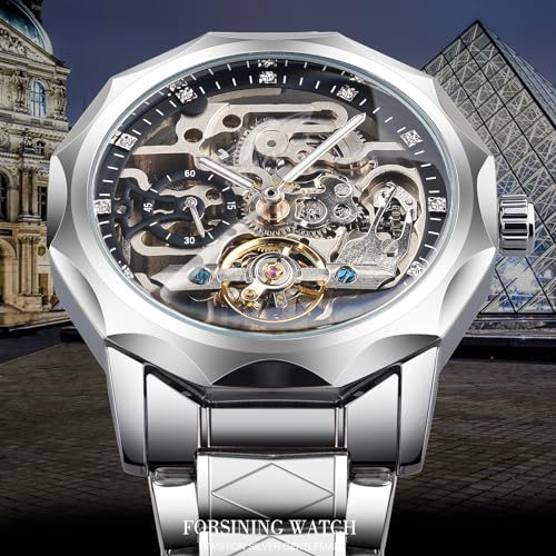 Image of FORSINING Men's Skeleton Automatic Tourbillon Watch Self-Wind Hollow Mechanical Watch Tourbillion Rhombus Stainless Steel Wristwatch Gold & Black