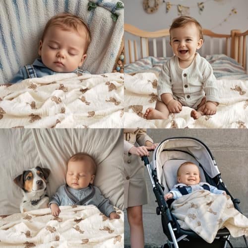 Image of Baby Blanket Double Layer Cotton Muslin Thick Quilt Neutral 40x40Inch Soft Throw Blanket Bear Pattern
