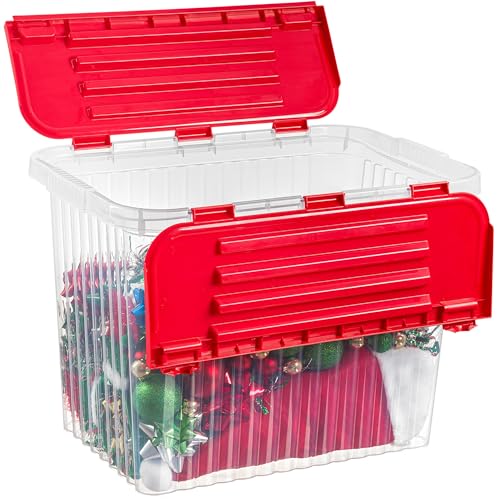 Image of Superio Red Storage Box with Red Hinged Lids, Plastic Container Bins for Organizing with Attached Lid, Stackable Crates, BPA Free, Organizers for Home and Office, 53Quart (20.25 inchx14 inchx14.6 inch)