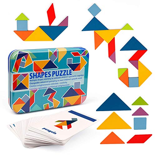 Vanmor Wooden Tangrams Sets Pattern Blocks, Shape Card Brain Teaser Puzzles Educational Toy, Travel Games for Kids Ages 4-8 Road Trip Essentials