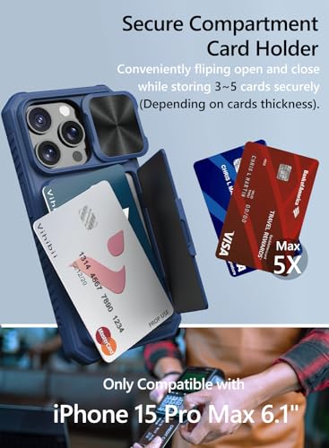 Image of Vihibii for iPhone 15 Pro Wallet Case with Slide Camera Cover & Card Holder (4 Cards) & Kickstand, Hard Case for iPhone 15 Pro 5G 6.1 inch 2023, Blue