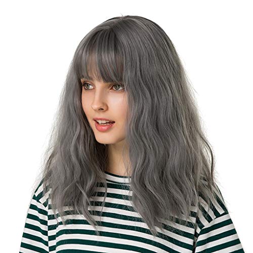 16 '' Peruca Cinza Ondulado Feminino W/Bangs Para Fantasia Vestido Festa Halloween Cosplay