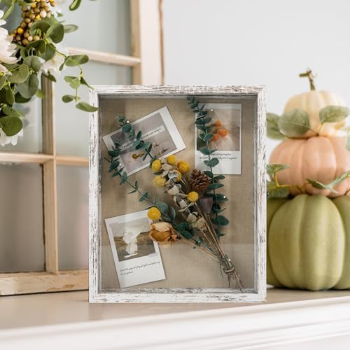 Image of GraduationMall 13x16 Wood Shadow Box Frame Glass Door Display Case with Linen Back and 6 Stick Pins,1.5 inches Interior Depth,Ideal for Memorabilia Pictures Flowers Medals Tickets Rustic White