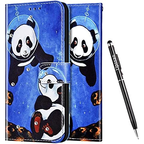 Uposao Kompatibel mit Samsung Galaxy S10 Hülle Leder Handyhülle Bunt Retro Muster Klapphülle Glänzend Glitzer Bling Strass Diamant Flip Case Schutzhülle Leder Tasche,Cartoon Panda Cover
