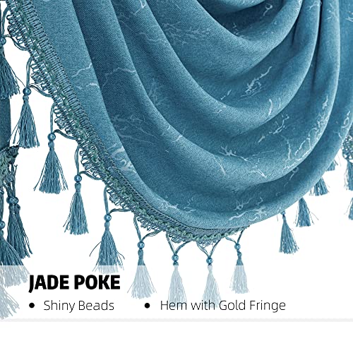 Jade Poke Jacquard Blue Valance For Windows - Waterfall Window Valances For Living Room, Decorative Kitchen Window Valance With Beads, Luxury Swag Valances For Windows (1 Panel, Blue, W110) #TOP6