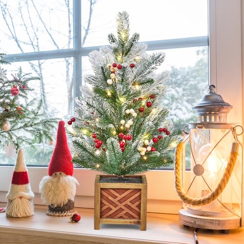 24 Inch Pre-lit Mini Christmas Tree with Lights, Small Green Frosted Artificial Tabletop Christmas Trees with Wooden Base, Miniature Pine Christmas Trees Decoration