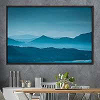 Framed Canvas Wall Art Blue Sunset Abstract Aerial Colorful Digital Art Landscape Minimalist Mountain Top Multicolor - 16x24 inches