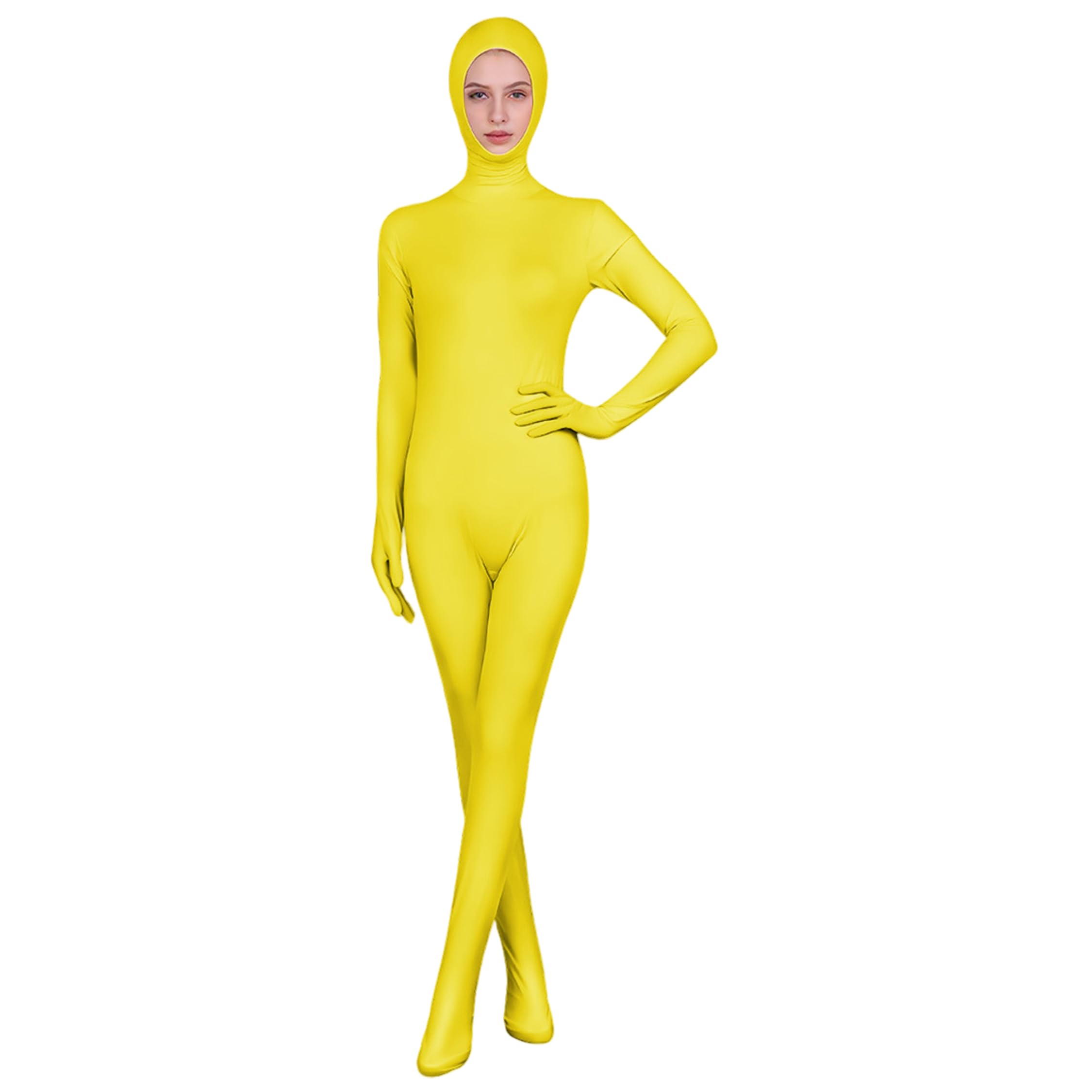 Bemonew Yellow Bodysuit, Full Body Zentai Suit Stretchy Open Face Bodysuit for Stage Performances Photo Prop, Yellow, S
