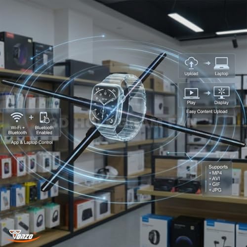 Image of TONZO 50 cm 3D Hologram Fan Display, 4 Blade LED Holographic Advertising Fan, 2200x298 Resolution, Wi-Fi App Upload via Mobile & Laptop, Bluetooth Speaker, Display for Shop, Mall & Retail Advertising