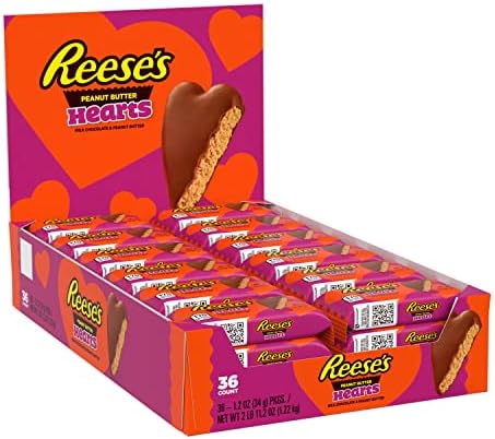 REESE'S Milk Chocolate Peanut Butter Hearts Candy, Bulk, Valentine's Day, 1.2 oz Packs (36 Count)