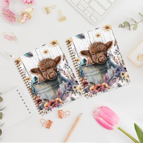 Image of 2Pcs Highland Cow Notebook, Cow College Ruled Spiral Notebook, Cows Print Stuff 160 Pages Hardcover Notebooks Journals for Writing Travel Business Office, Funny Aesthetic Notebooks for Women