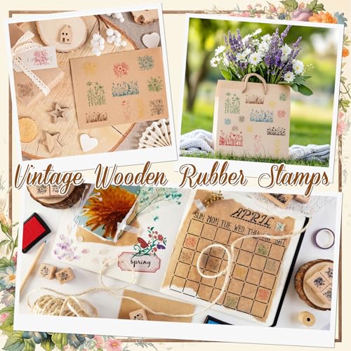 Marspark 25 Pcs Plant Stamps Eucalyptus Leaves Wooden Rubber Stamp with 6 Colors Ink Pads Set Botanical Flower Stamps for Journaling Card Making DIY Scrapbooking Decor Supplies Crafting