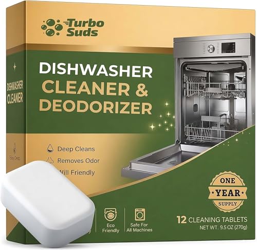 Turbo Suds Dishwasher Cleaner and Deodorizer XL Tablets – Heavy-Duty Descaler & Odor Remover for Hard Water, Removes Spots & Residue, Enhance Drying & Shine, 12 Pack (1 Year Supply)