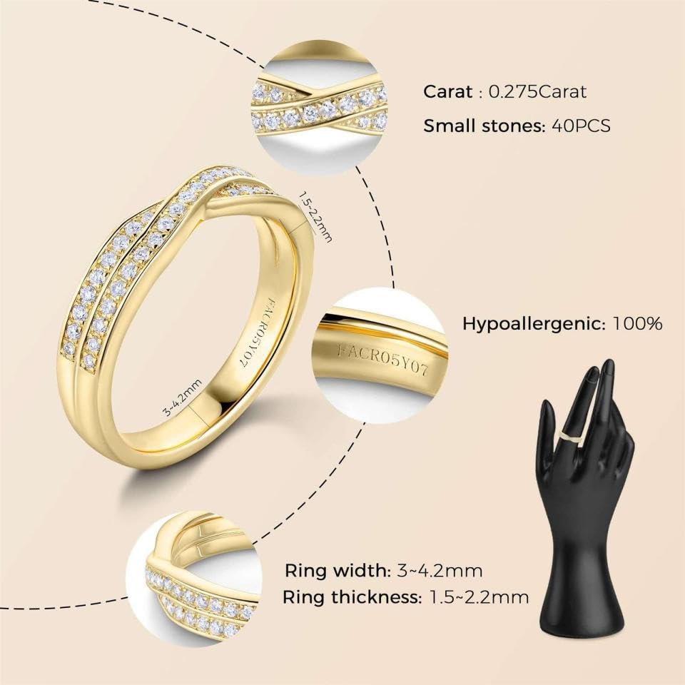 Real Diamond Rings for Women, Twisted Gold Diamond Wedding Bands for Her, 18K Gold Plated S925 Promise Diamond Rings, Yellow Gold Anniversary Rings, Half Eternity Ring Stackble Rings3