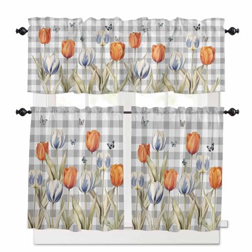 Orange Flower Kitchen Curtains 36 Inch Length,3 Piece Rod Pocket Small Half Tiers and Valance Set,Blue Tulip Butterfly Watercolor Plaid Grey Small Large Window Treatment Decor for Bedroom/Bathroom