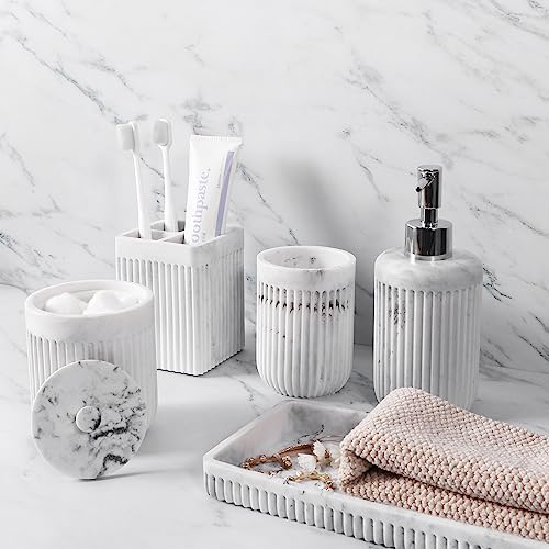 Lot de 5 accessoires de salle de bain en résine marbrée blanche, distributeur de savon, porte-brosse à dents, gobelet de salle de bain, support Qtip et...