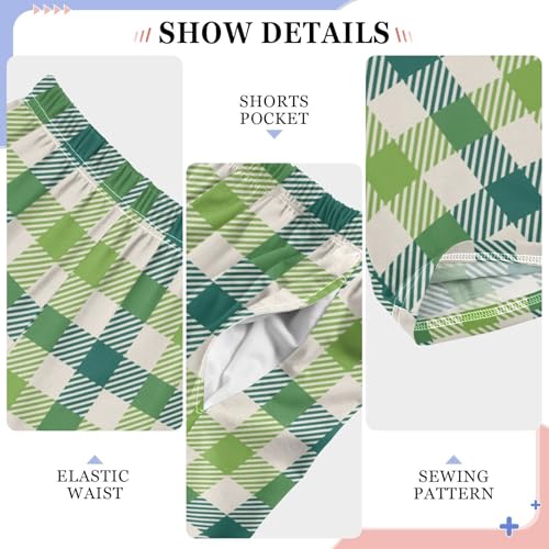 Green Plaid Pattern Boys Long Pants Soft Trousers Elastic Waist Kids Lounge Bottoms with Pockets S-XL4