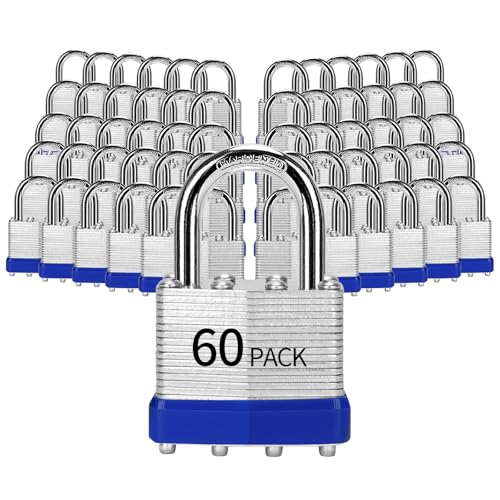 Image of Padlocks Keyed Alike, Pack of 60, Laminated Steel Keyed Lock (1-9 /16 inch, 40mm), Padlocks with Same Key, Normal Sized Hardened Shackle, for Toolbox, Locker & Storage Unit, and More
