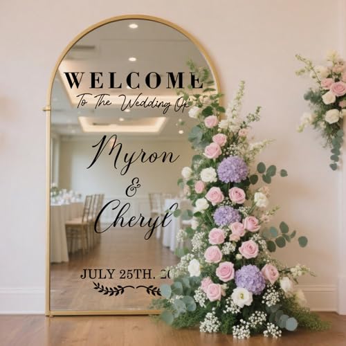 Autocollant de miroir de mariage personnalisé Welcome to Our Wedding Mirror Decal personnalisé Miroirs Lettres Nom Sign DIY Vinyle Autocollant avec noms de mariée et...