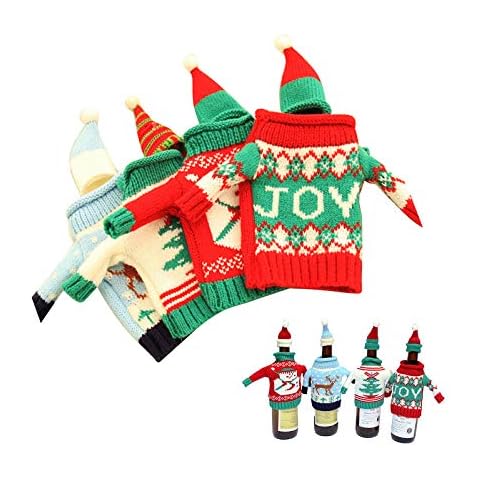 Gofypel Christmas Wine Bottle Covers Ugly Sweater Bottle Ornaments Beer Water Bottle Holders Xmas Table Decor with Hats for Christmas Holiday Party Favors Supplies 4 Set Cover
