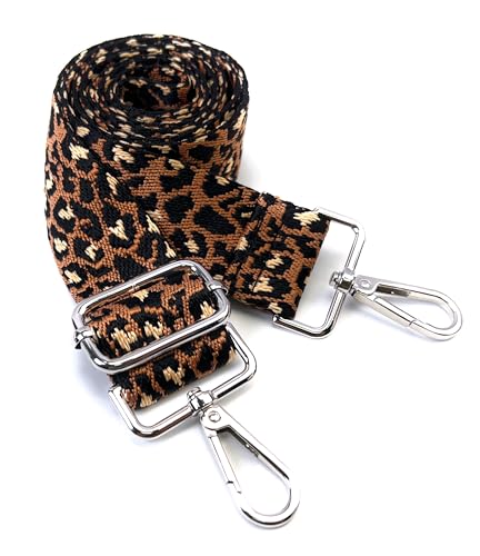 Image of Brown Black Leopard Purse Strap with Silver Hardware 1-1 /2 Inch Wide Replacement Crossbody Guitar Style Shoulder Strap for Handbags Totes